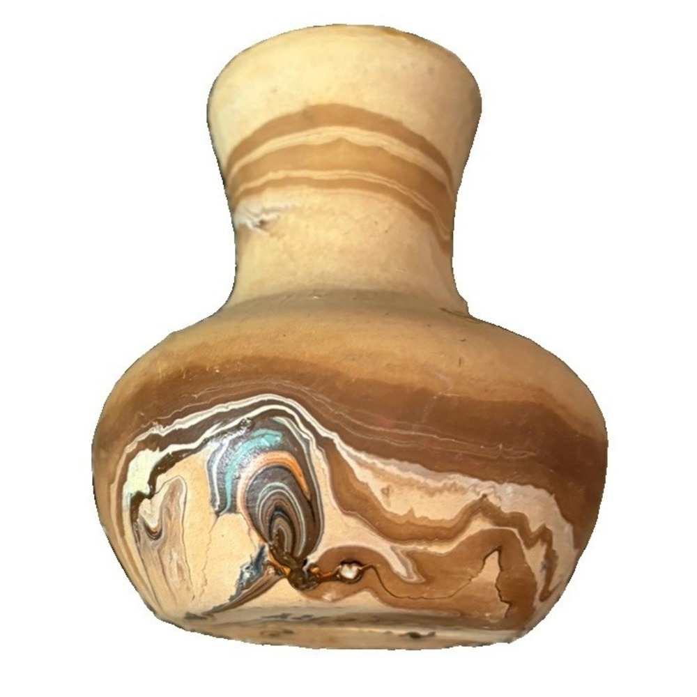 Vintage Nemadji Pottery Bud Vase Brown Tan Swirl Art Pottery USA 4" Matte Finish
